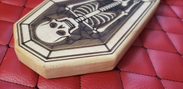 il_fullxfull.6746782261_3tif.jpg Coffin-Shaped Gothic Wooden BDSM Gear Spanking Paddle: Etched Skeleton, White Oak Halloween