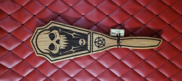 Coffin Paddle: Fanged Skull & Pentagram Etching - White Oak BDSM Gear Impact Tool