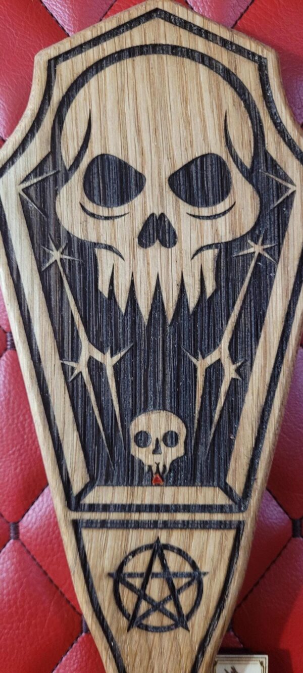 Coffin Paddle: Fanged Skull & Pentagram Etching - White Oak BDSM Gear Impact Tool