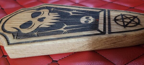 Coffin Paddle: Fanged Skull & Pentagram Etching - White Oak BDSM Gear Impact Tool
