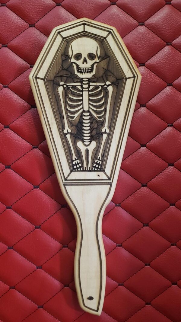 Coffin-Shaped Gothic Wooden BDSM Gear Spanking Paddle: Etched Skeleton, White Oak Halloween