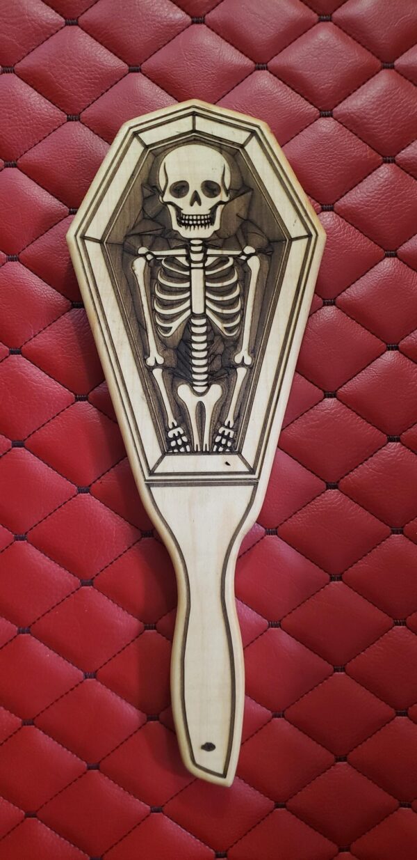 il_fullxfull.6992304414_giu0.jpg Coffin-Shaped Gothic Wooden BDSM Gear Spanking Paddle: Etched Skeleton, White Oak Halloween