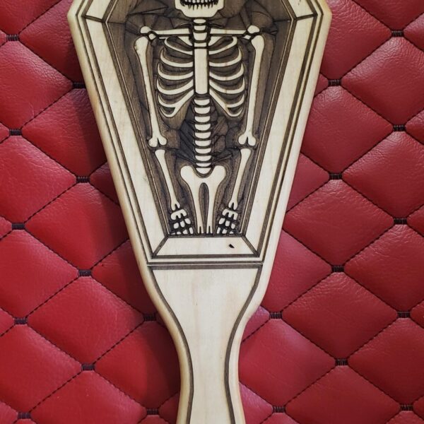 il_fullxfull.6992304414_giu0.jpg Coffin-Shaped Gothic Wooden BDSM Gear Spanking Paddle: Etched Skeleton, White Oak Halloween
