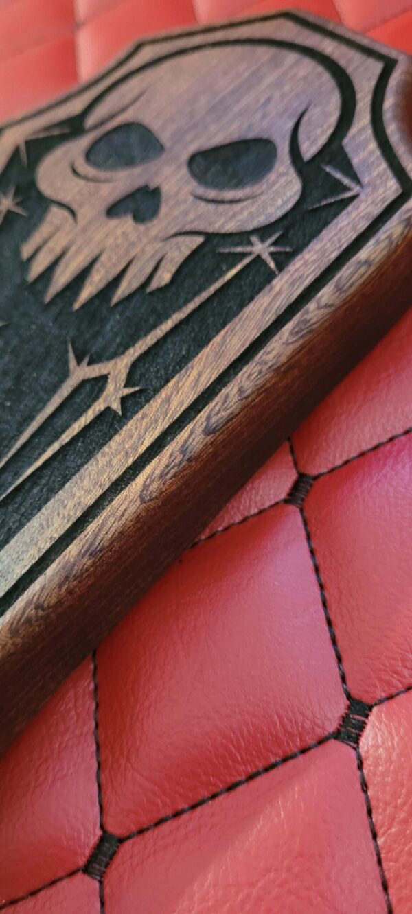 Coffin Paddle: Fanged Skull & Pentagram Etching - White Oak BDSM Gear Impact Tool