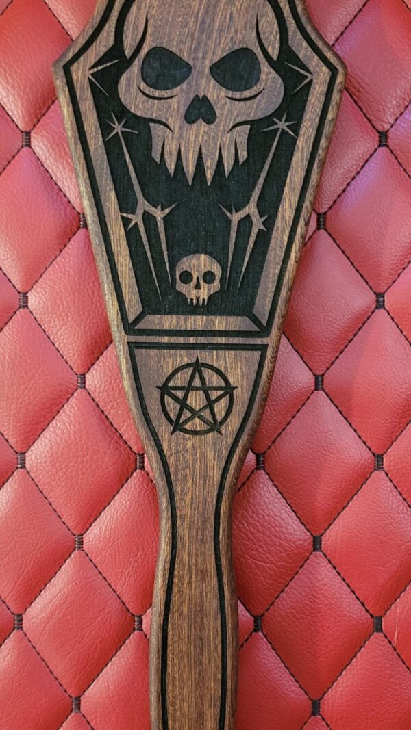 Coffin Paddle: Fanged Skull & Pentagram Etching - White Oak BDSM Gear Impact Tool