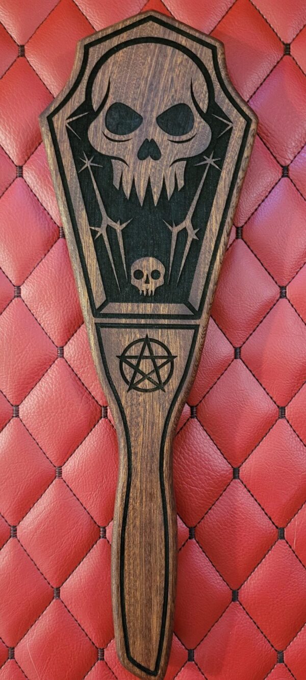 Coffin Paddle: Fanged Skull & Pentagram Etching - White Oak BDSM Gear Impact Tool