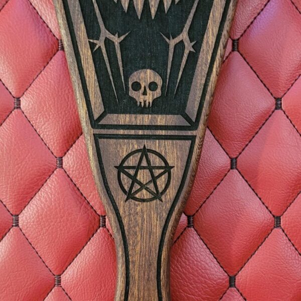 Coffin Paddle: Fanged Skull & Pentagram Etching - White Oak BDSM Gear Impact Tool
