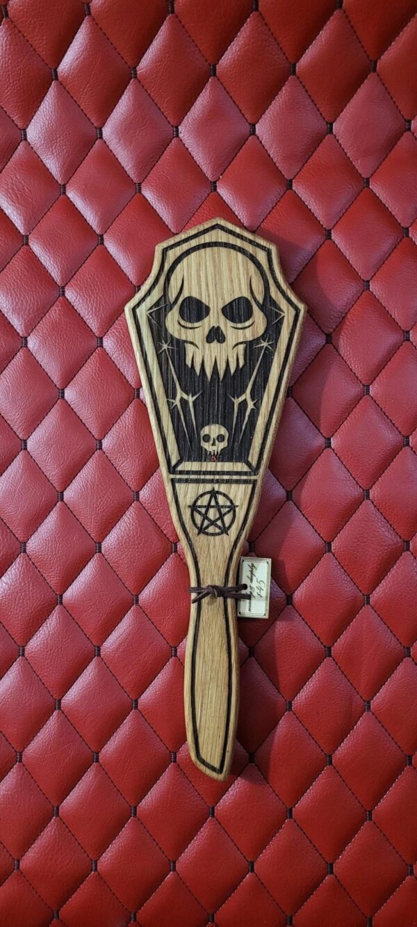 Coffin Paddle: Fanged Skull & Pentagram Etching - White Oak BDSM Gear Impact Tool