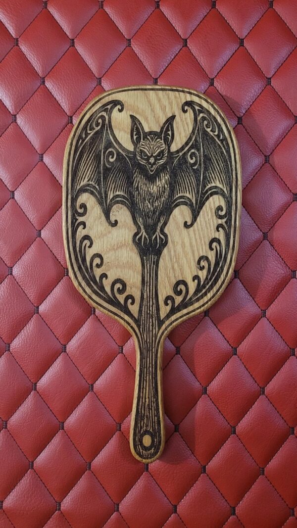 Large Gothic Oak Bat Paddle – Handcrafted BDSM Gear Spanking Wooden Paddle with Vampire Design