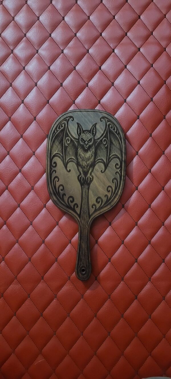 Walnut Gothic Bat Paddle – Handcrafted BDSM Gear Spanking Wooden Paddle Vampire Design