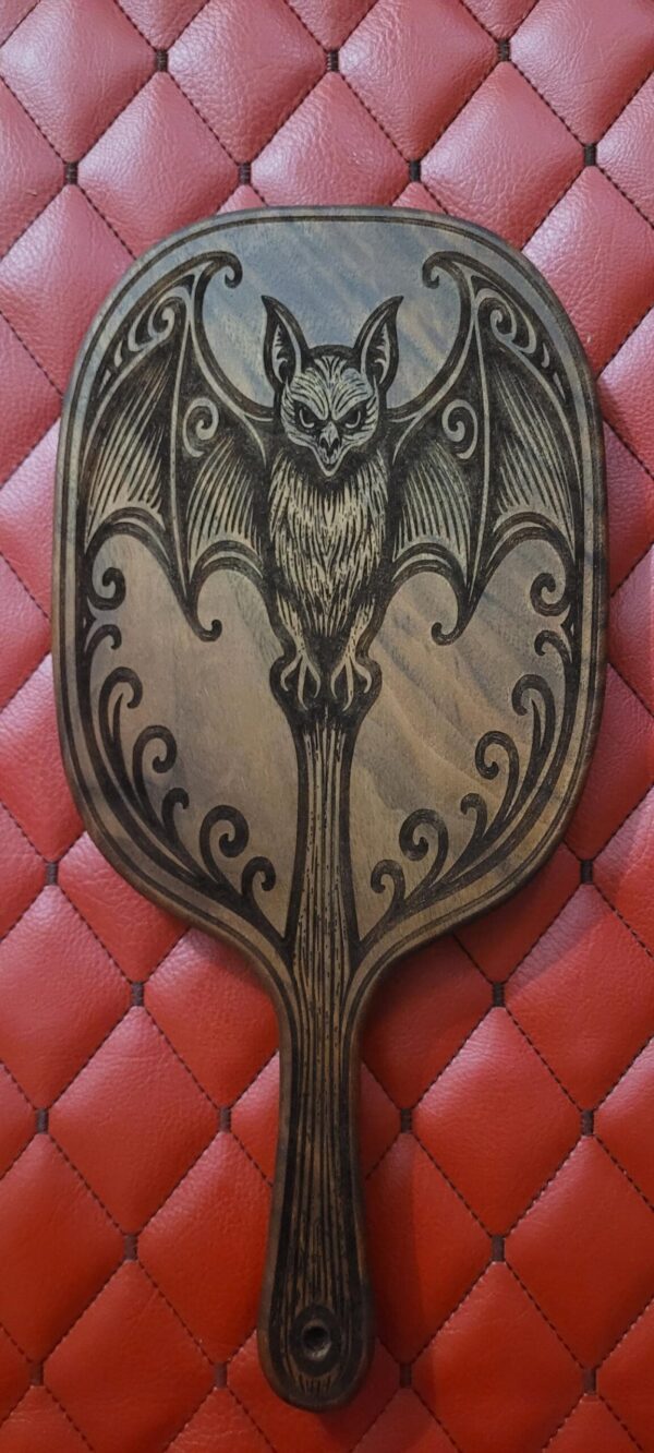 Walnut Gothic Bat Paddle – Handcrafted BDSM Gear Spanking Wooden Paddle Vampire Design