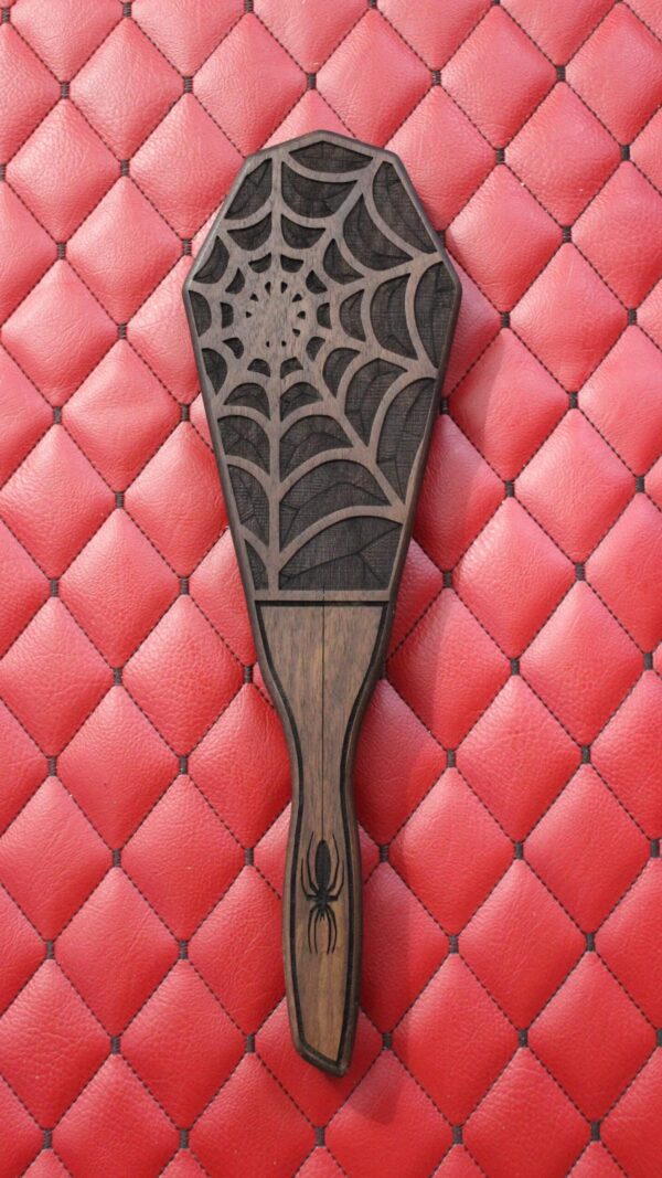 il_fullxfull.7709405500_ih27.jpg Walnut Spider Web Coffin Wooden Paddle: Engraved Gothic BDSM Gear Impact Toy