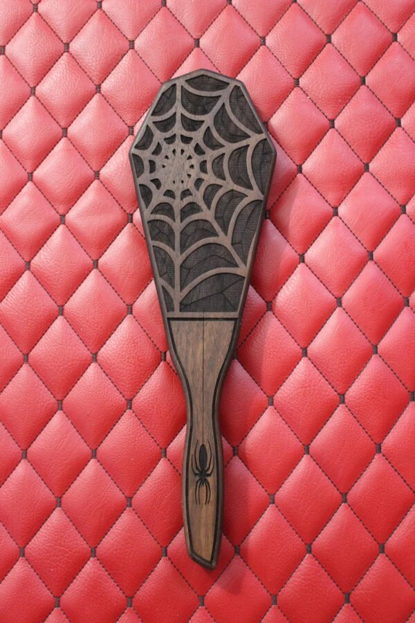 Walnut Spider Web Coffin Wooden Paddle: Engraved Gothic BDSM Gear Impact Toy