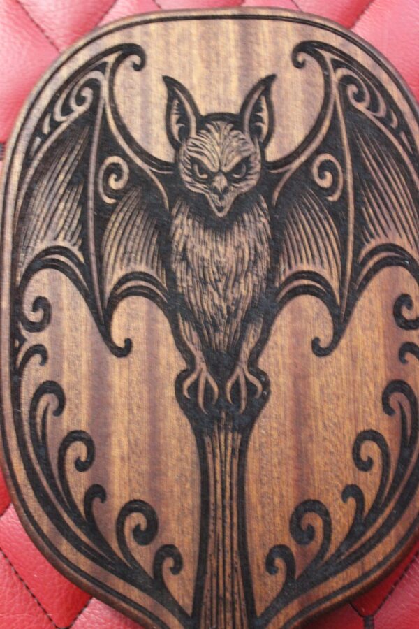 Large Gothic Sapele Bat Paddle – Handcrafted BDSM Gear Spanking Wooden Paddle with Vampire Design