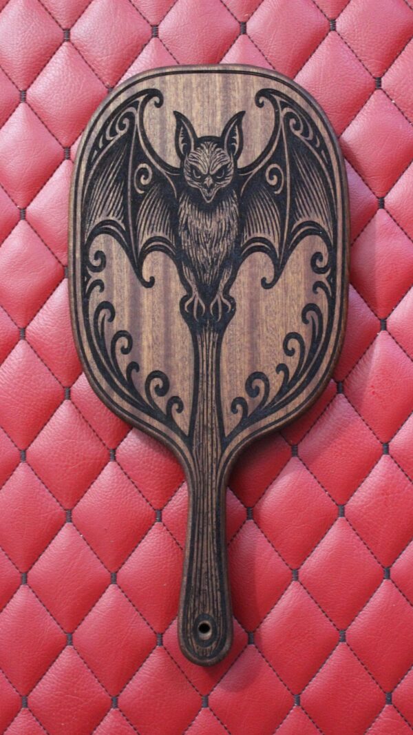 Large Gothic Sapele Bat Paddle – Handcrafted BDSM Gear Spanking Wooden Paddle with Vampire Design