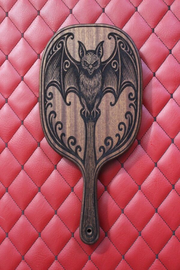 Large Gothic Sapele Bat Paddle – Handcrafted BDSM Gear Spanking Wooden Paddle with Vampire Design