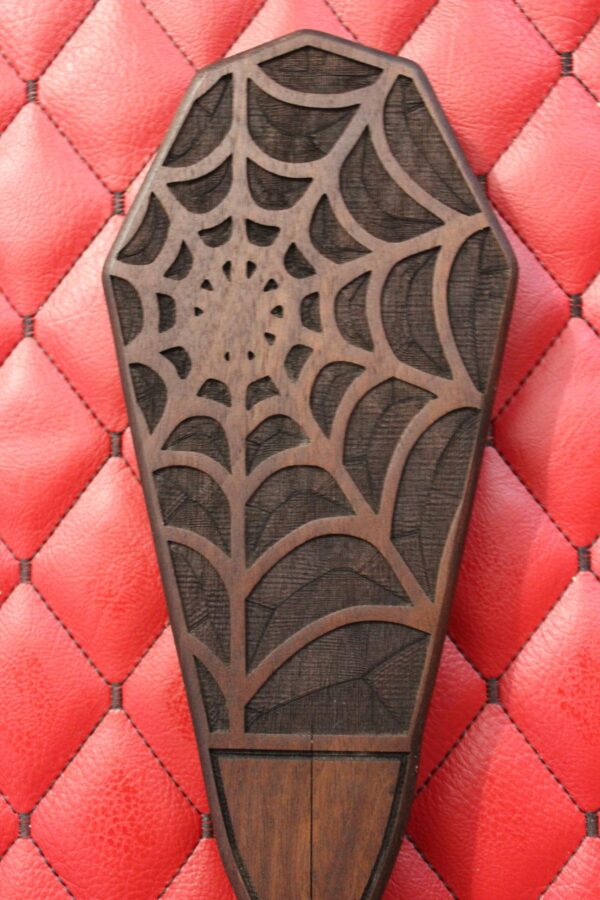 Walnut Spider Web Coffin Wooden Paddle: Engraved Gothic BDSM Gear Impact Toy