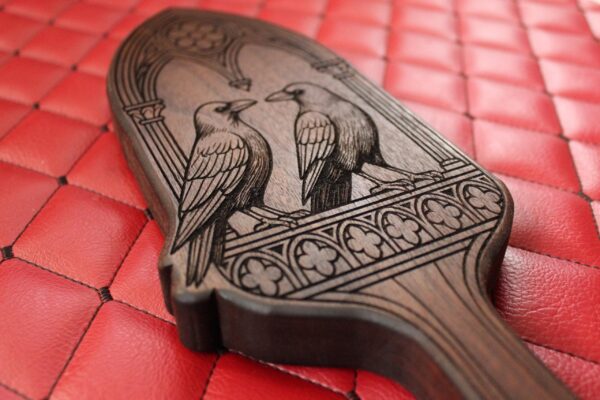 il_fullxfull.7759185070_fhu9.jpg Walnut Handmade Gothic Ravens Wooden Paddle: Laser Engraved Wooden BDSM Gear Impact Spanking