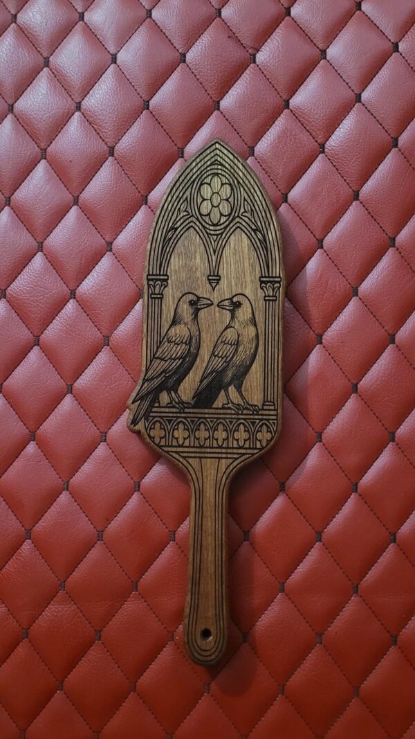 il_fullxfull.7807142169_tn3k.jpg Sapele Handmade Gothic Ravens Wooden Paddle: Laser Engraved Wooden BDSM Gear Impact Spanking