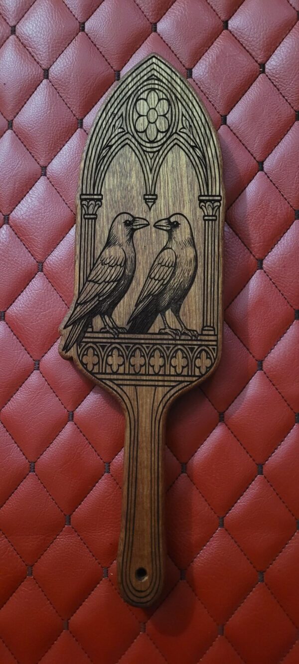Sapele Handmade Gothic Ravens Wooden Paddle: Laser Engraved Wooden BDSM Gear Impact Spanking