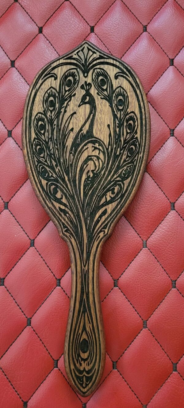 il_fullxfull.8029768790_rrs0.jpg Nouveau Peacock Sapele Wood Paddle: Vanity Hand Mirror Hairbrush-Inspired Discipline Tool