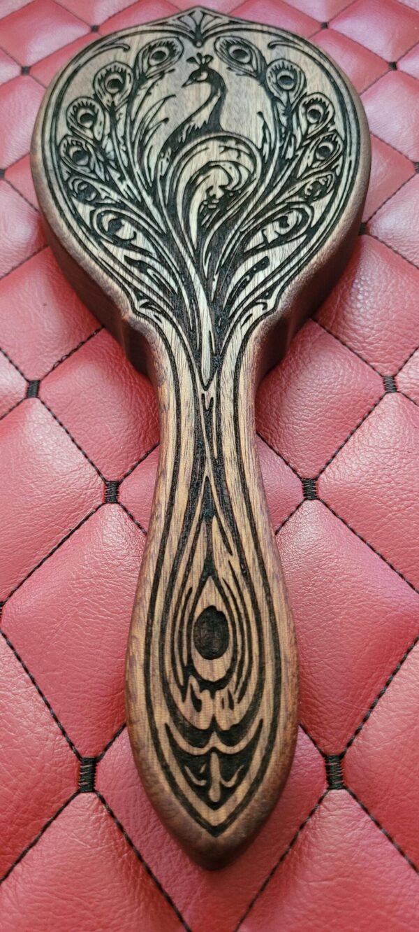 il_fullxfull.8029768794_cpax.jpg Nouveau Peacock Sapele Wood Paddle: Vanity Hand Mirror Hairbrush-Inspired Discipline Tool