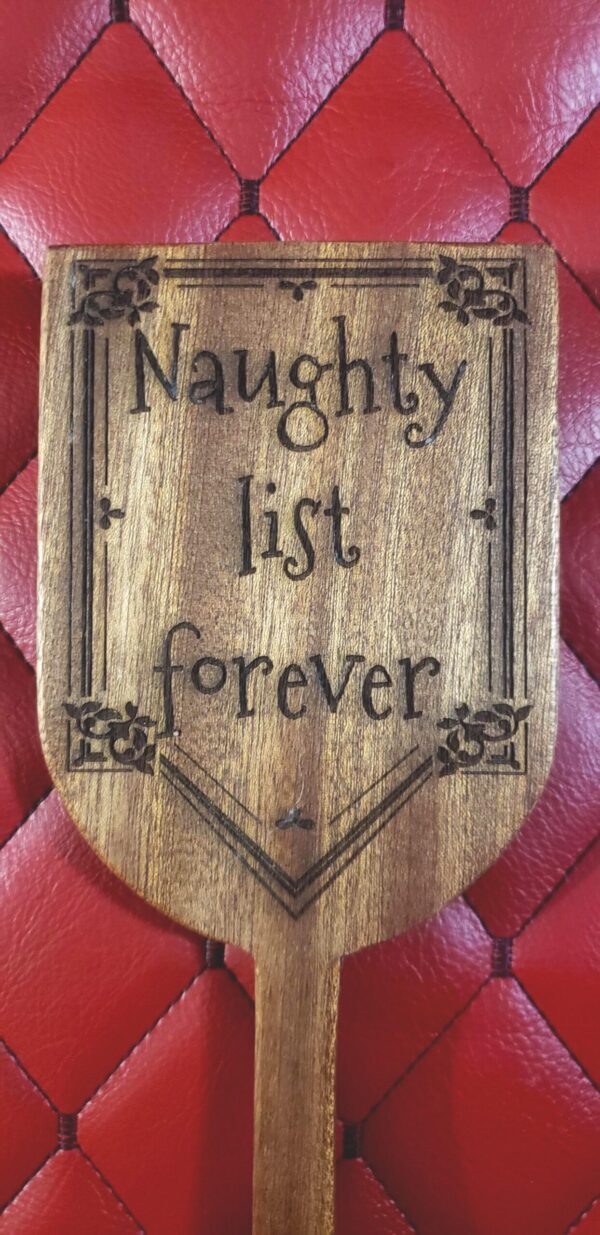 Naughty List Forever - Sapele BDSM paddle for spanking and impact play.