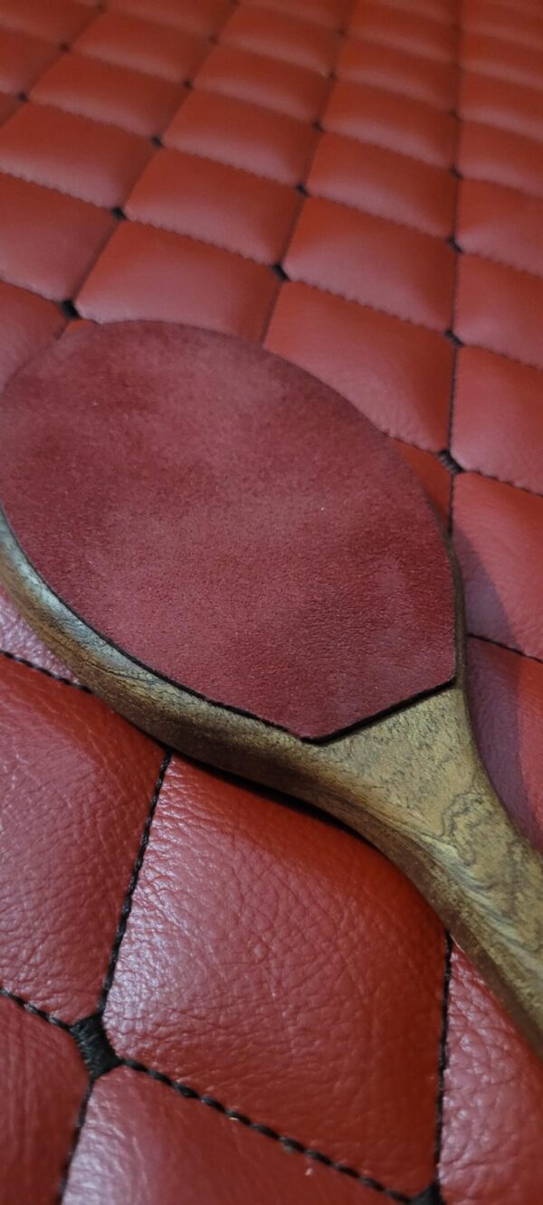 The "You're going to get the SPOON!" - Sapele and Leather BDSM Impact Gear Wooden paddle implement.
