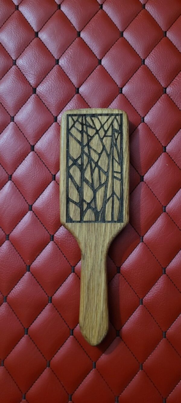 Small Oak BDSM paddle for spanking and impact play. Hairbrush styled design. Great for OTK or role play.