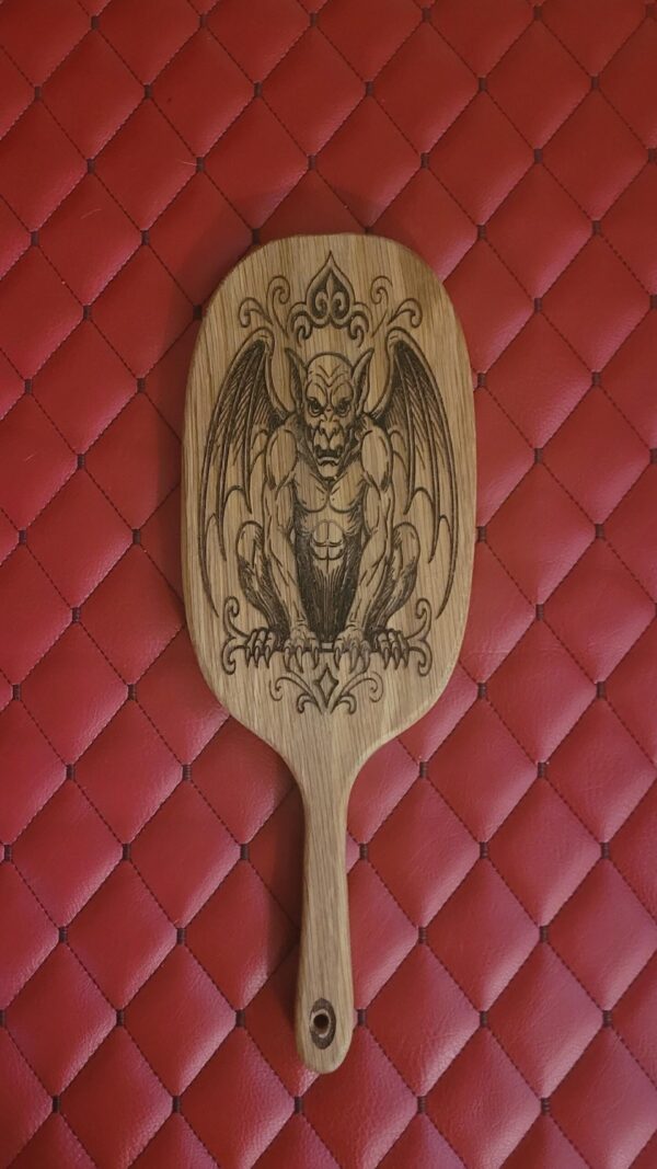 Gothic Gargoyle Paddle – Laser Engraved White Oak BDSM Spanking Toy