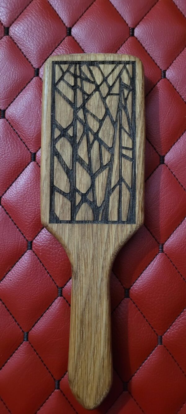 Small Oak BDSM paddle for spanking and impact play. Hairbrush styled design. Great for OTK or role play.