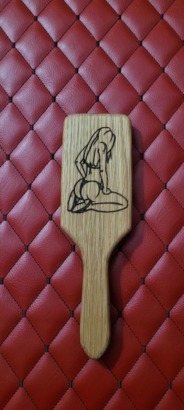 Small Oak BDSM paddle for spanking and impact play. Hairbrush styled design. Great for OTK or role play.