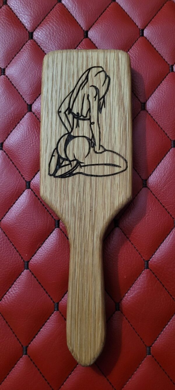 Small Oak BDSM paddle for spanking and impact play. Hairbrush styled design. Great for OTK or role play.